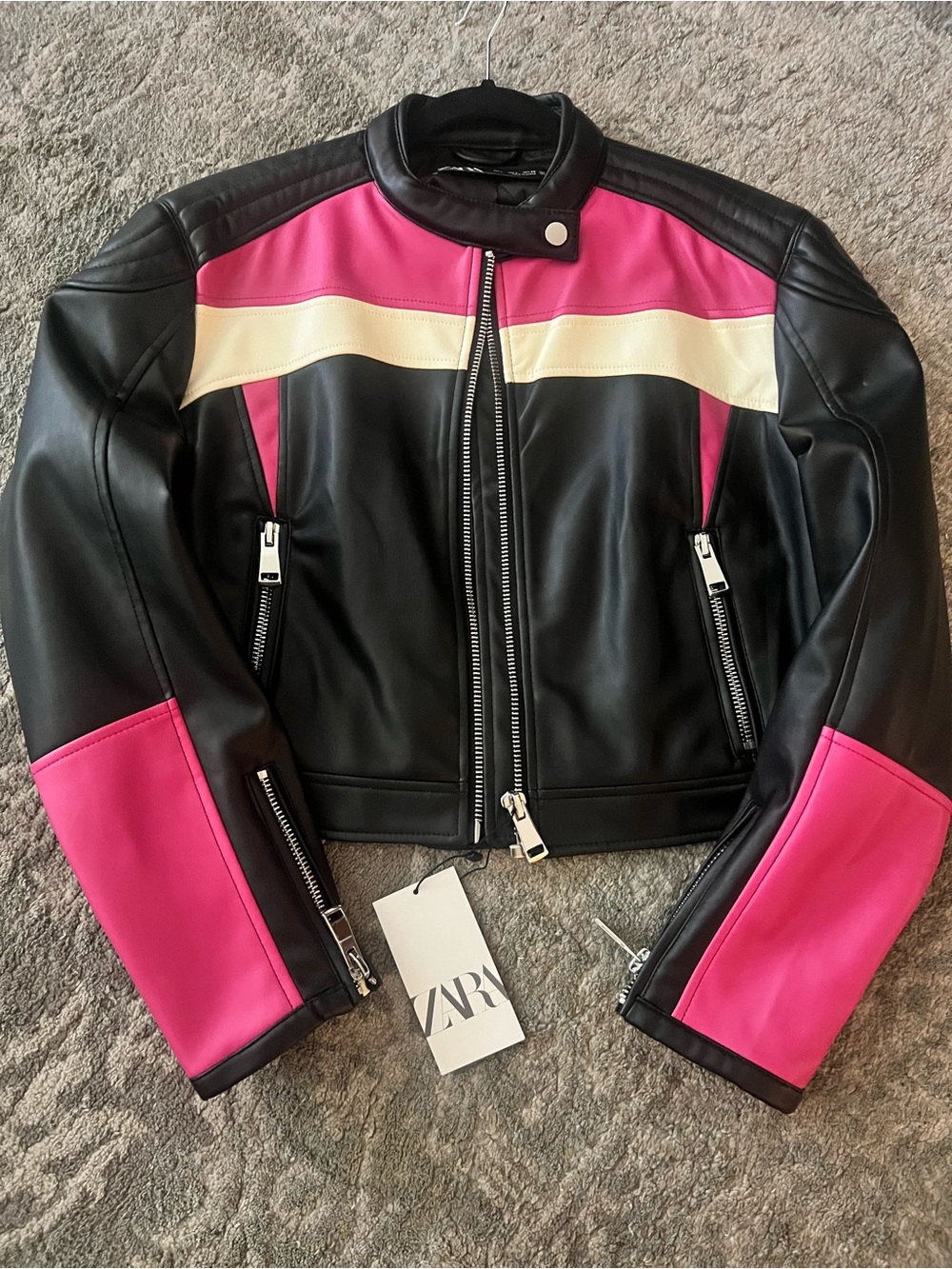 Zara Black, Hot Pink & Cream Colorblock Faux Leather Moto Jacket